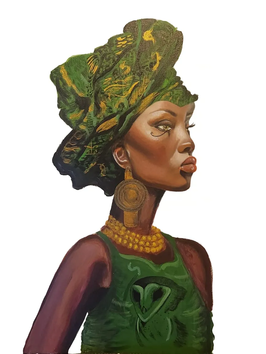 Featured artwork, profile of a woman in a green-and-gold head wrap with an owl motif, by Naomi Artworks