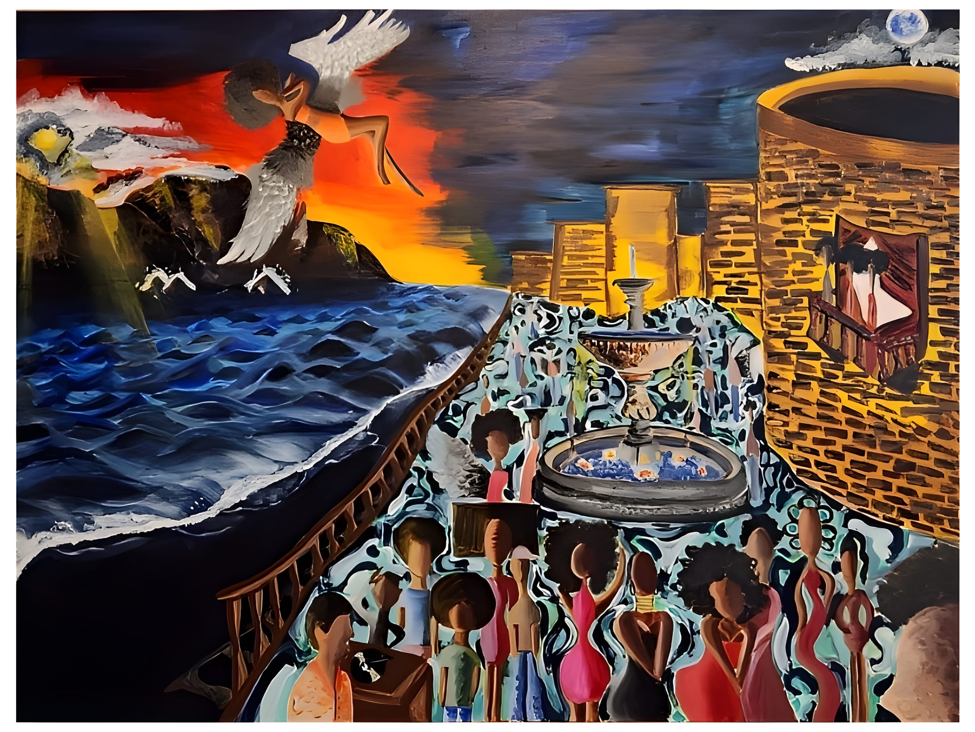 Surreal scene: a winged figure sweeps over a stormy sea at sunset on the left, while a crowd gathers around an ornate fountain before golden city walls on the right