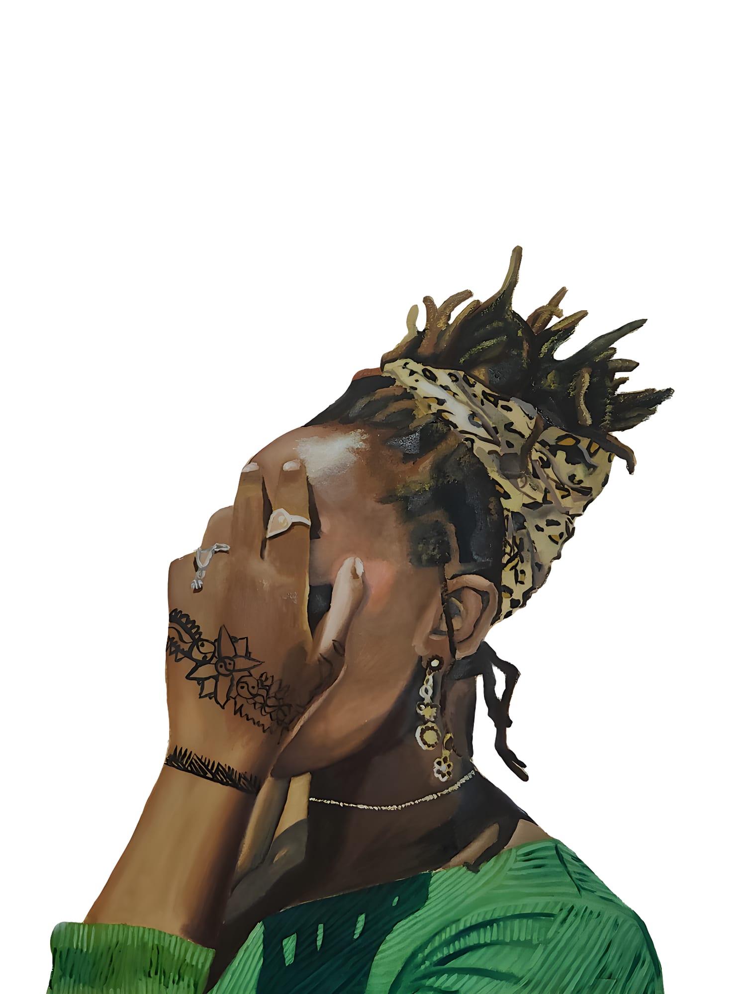 Man with dreadlocks and a leopard-print bandana, hand across his face, green ribbed top and henna tattoo