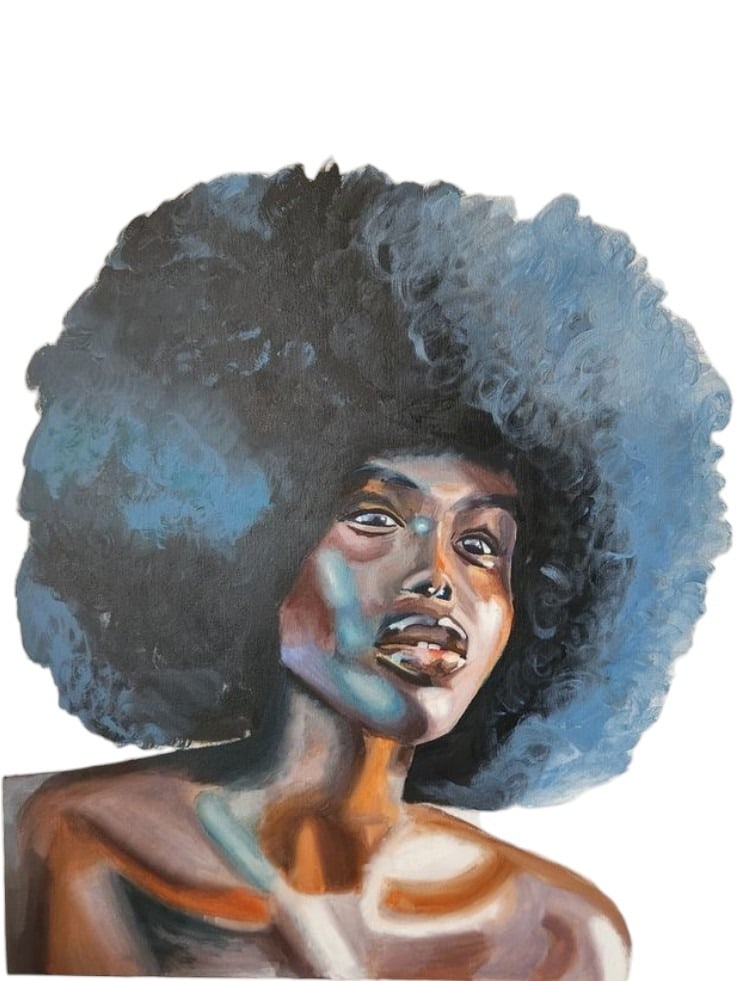 Portrait of a woman with a large voluminous afro rendered in blue-grey tones over warm skin