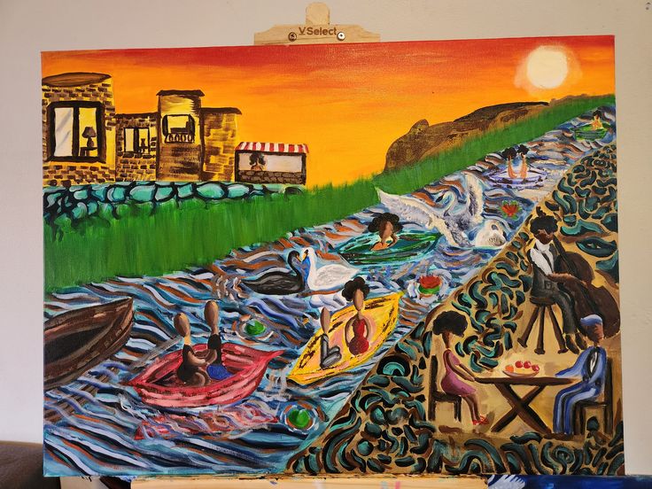 Sunset river scene: people row colourful boats among swans past stone houses and a shop on the left bank, with figures at a table and a painter at an easel on the right