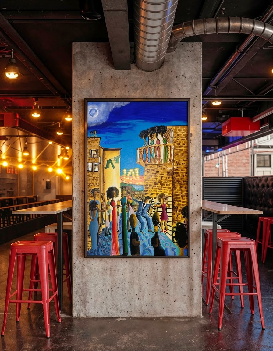 Moonlight Revelry by Naomi Artworks, staged in a bar & restaurant